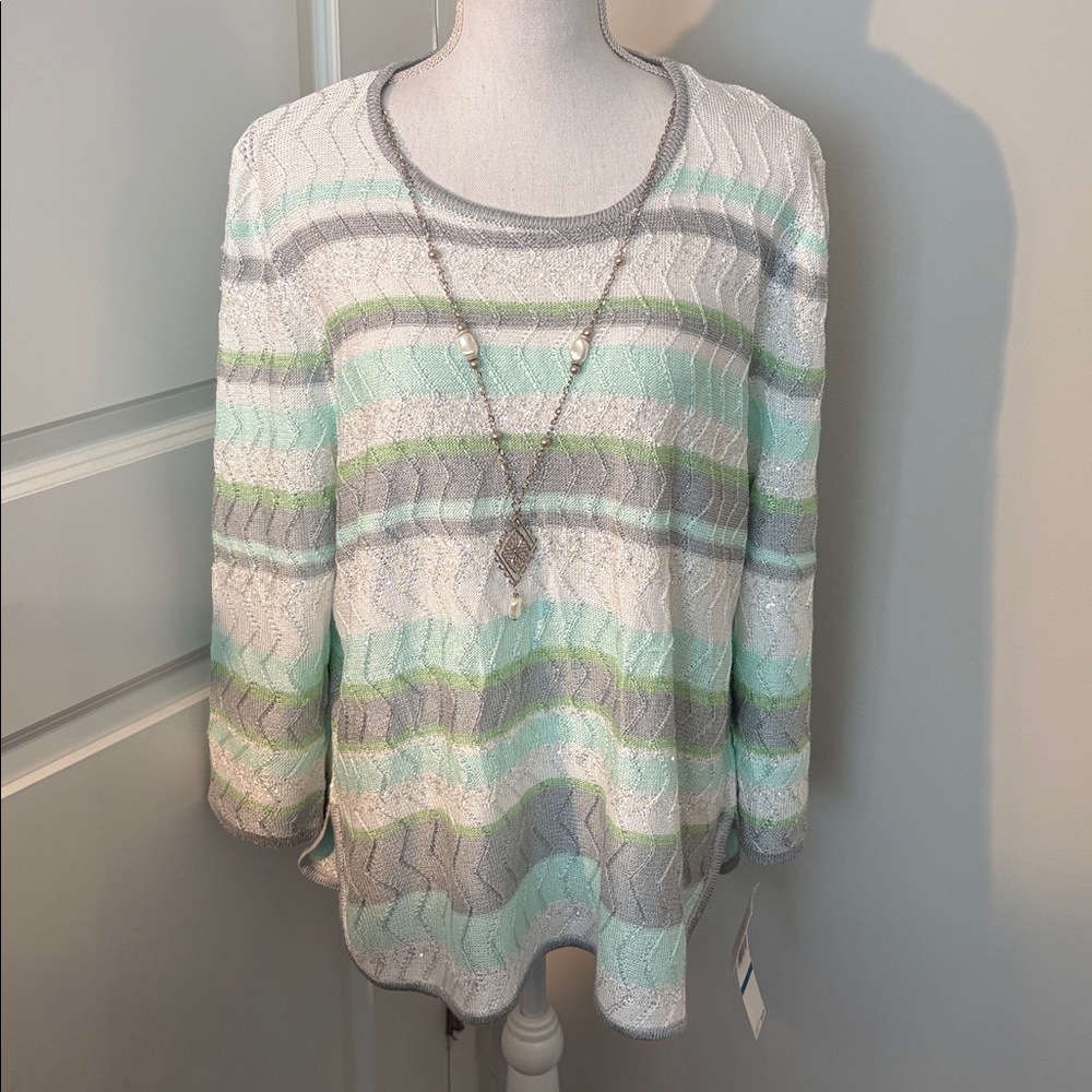 Shimmery Alfred Dunner Seafoam Sweater with Necklace